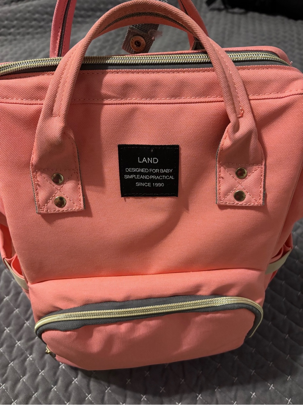 LAND Coral Pink diaper bag Backpack with Front Pocket